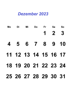 Dezember 2023 Kalender Vorlage