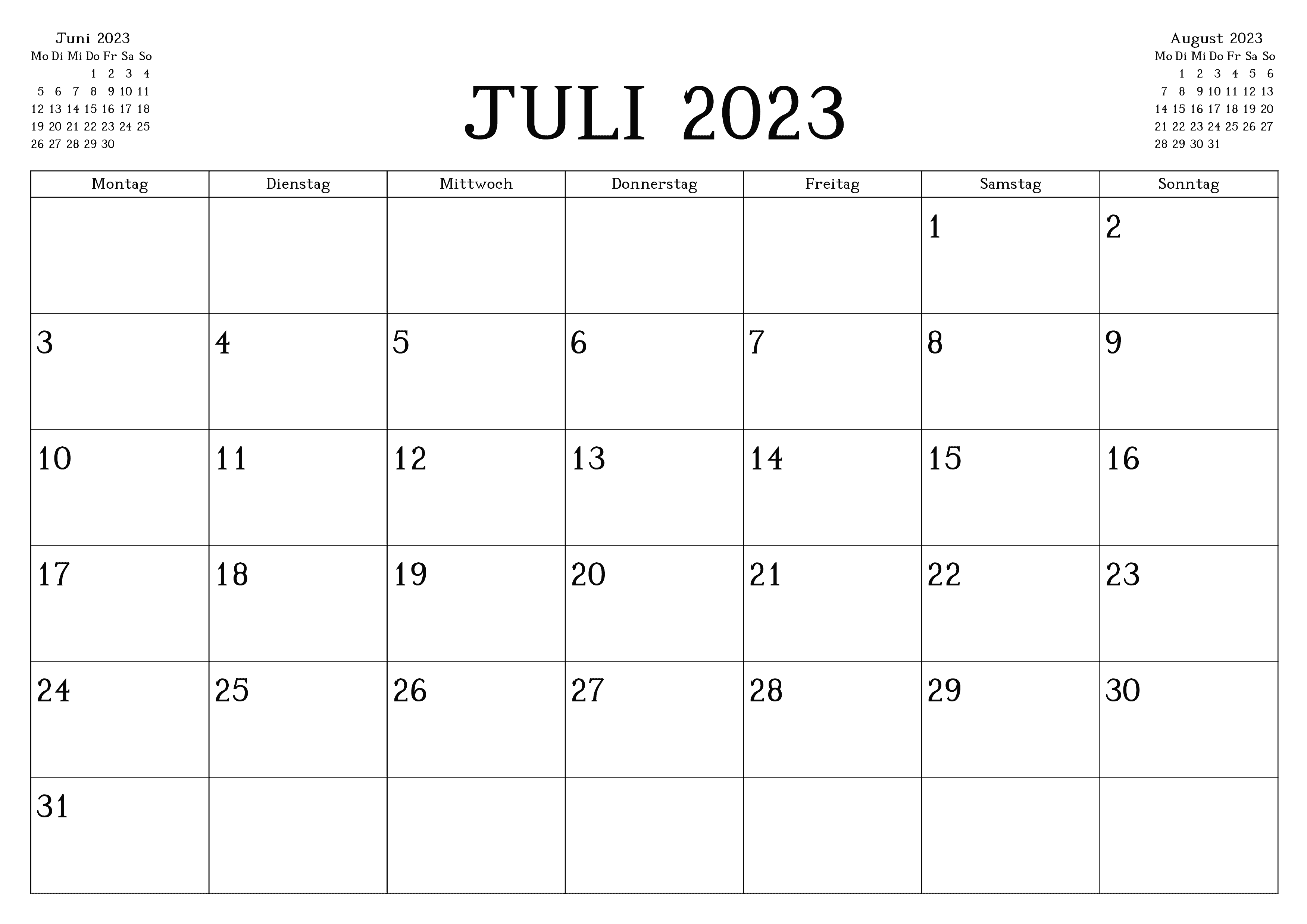 Kalender Juli 2023 Drucken