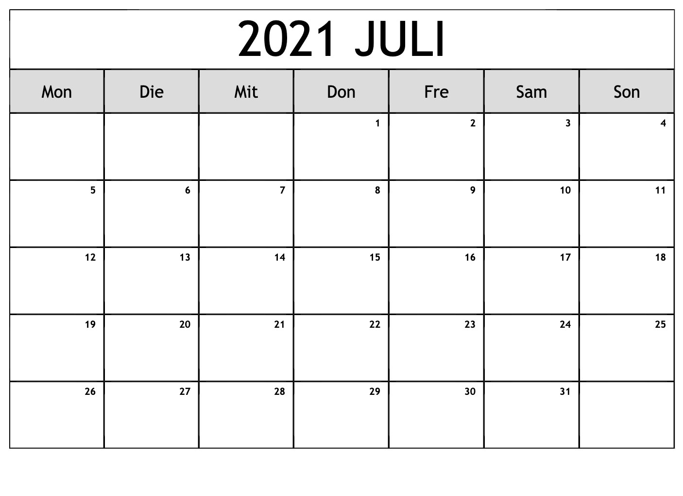 Kalender Juli 2021 Vorlage