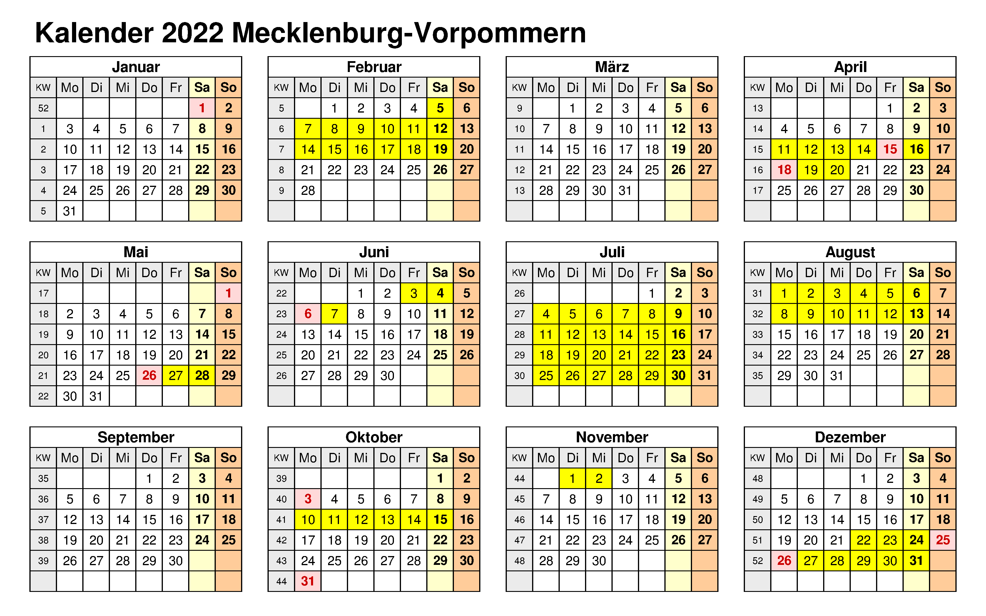 Mecklenburg-Vorpommern 2022 Kalender Zum Ausdrucken