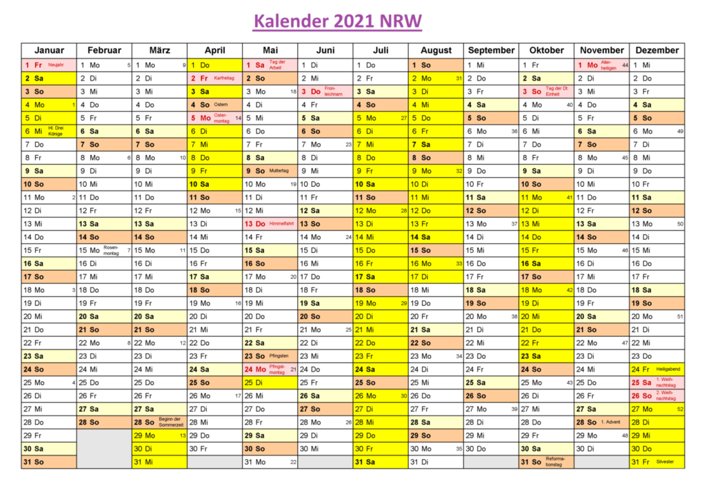 Kalender NRW 2021 Zum Ausdrucken