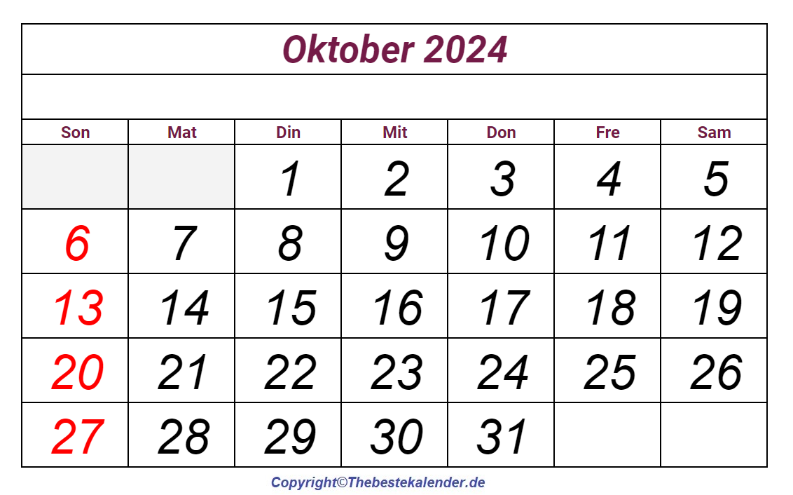 Oktober 2024 Kalender Zum Ausdrucken