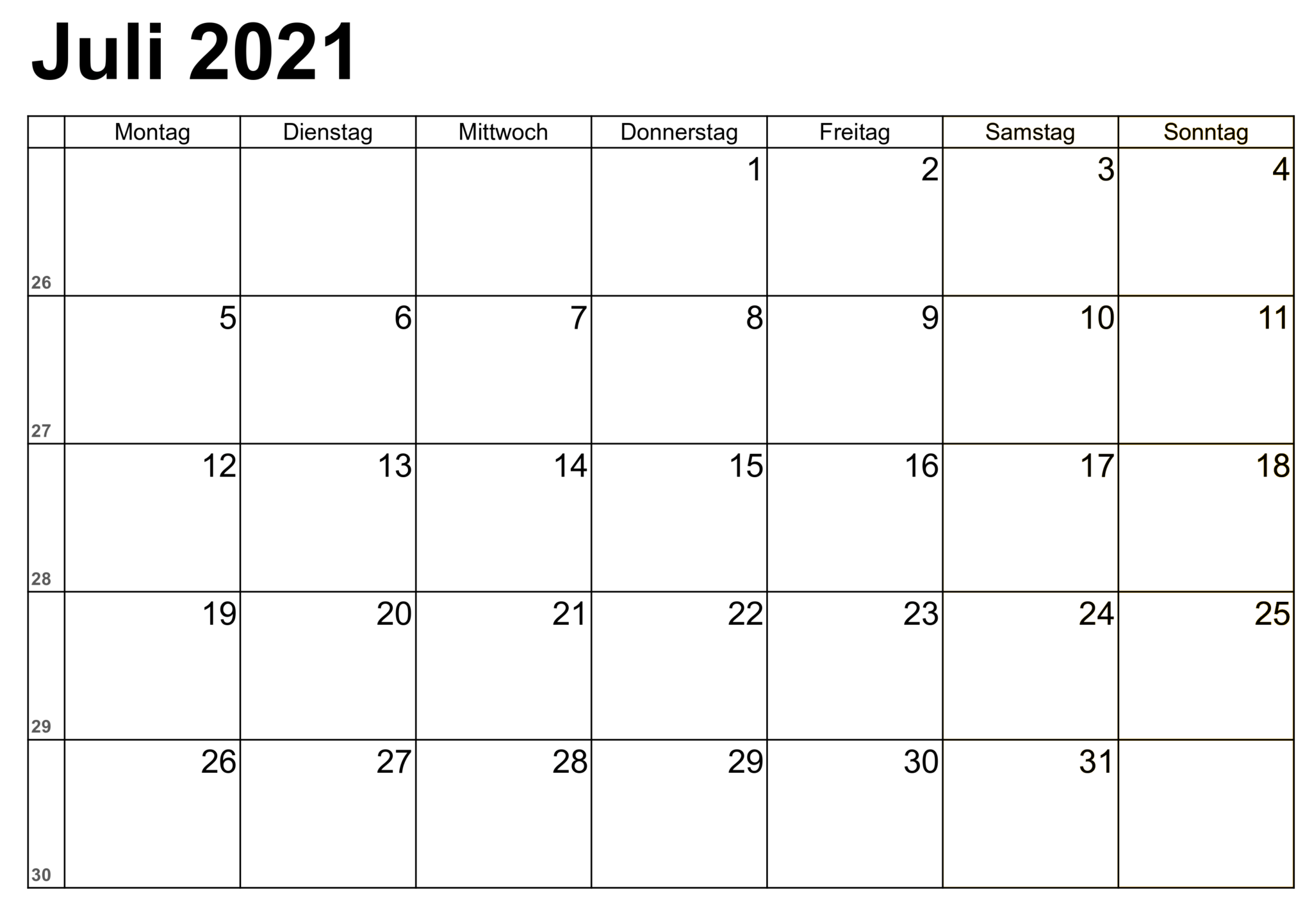 Druckbare Juli 2021 Kalender Vorlage Zum Ausdrucken [PDF ...