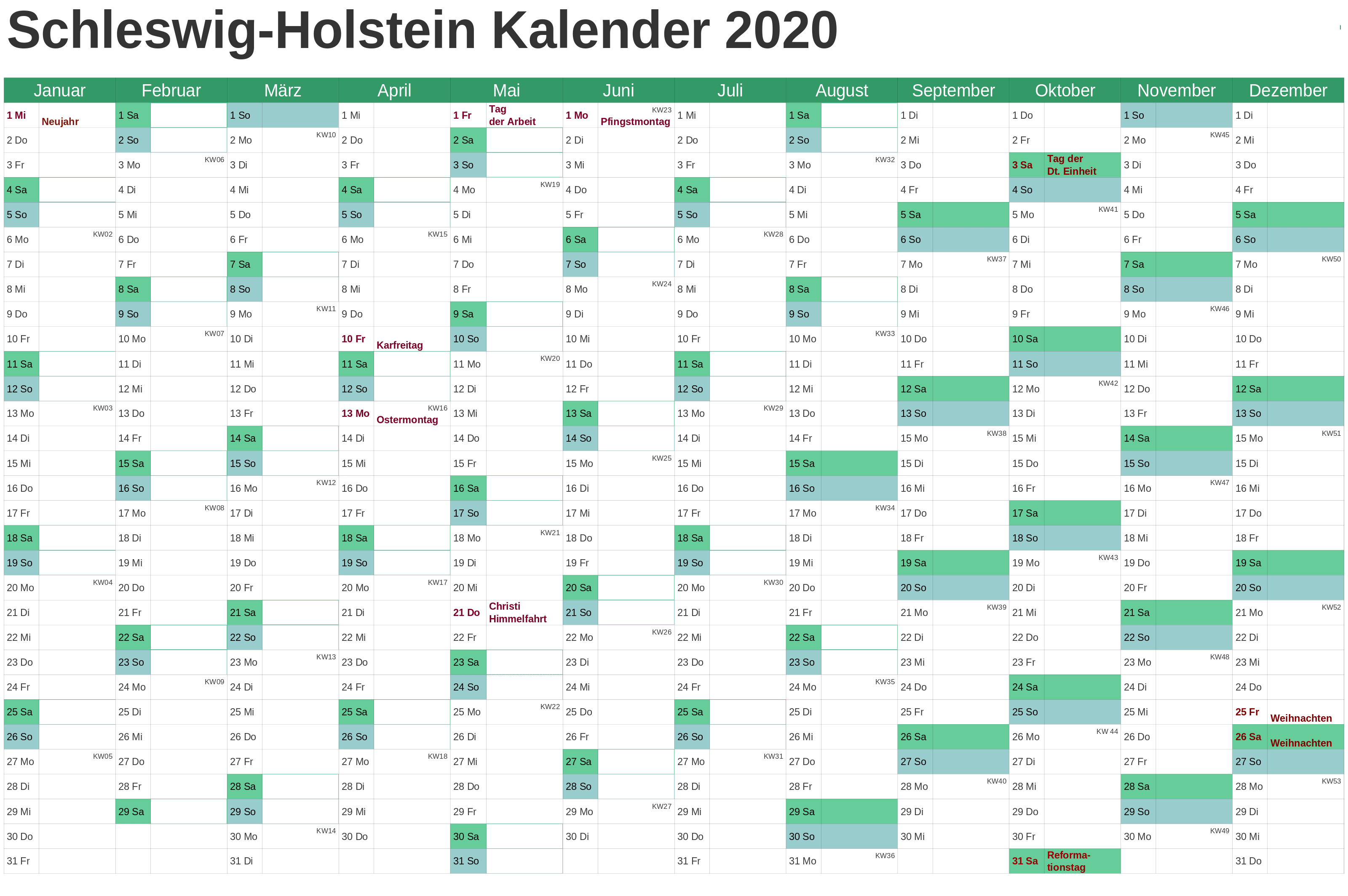 Kalender Schleswig-Holstein 2020 Zum Ausdrucken