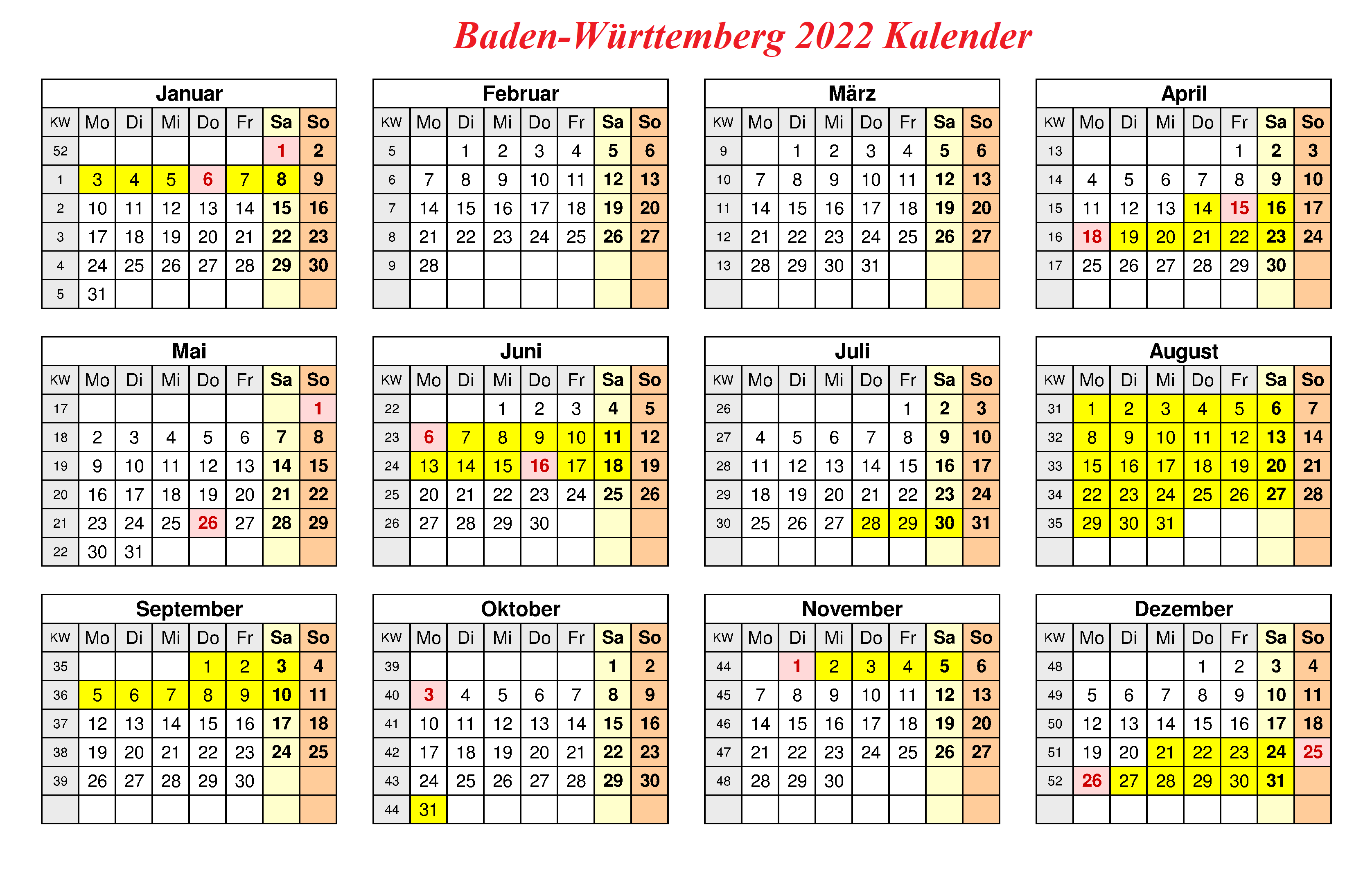 Sommerferien 2022 Baden-Württemberg Kalender PDF
