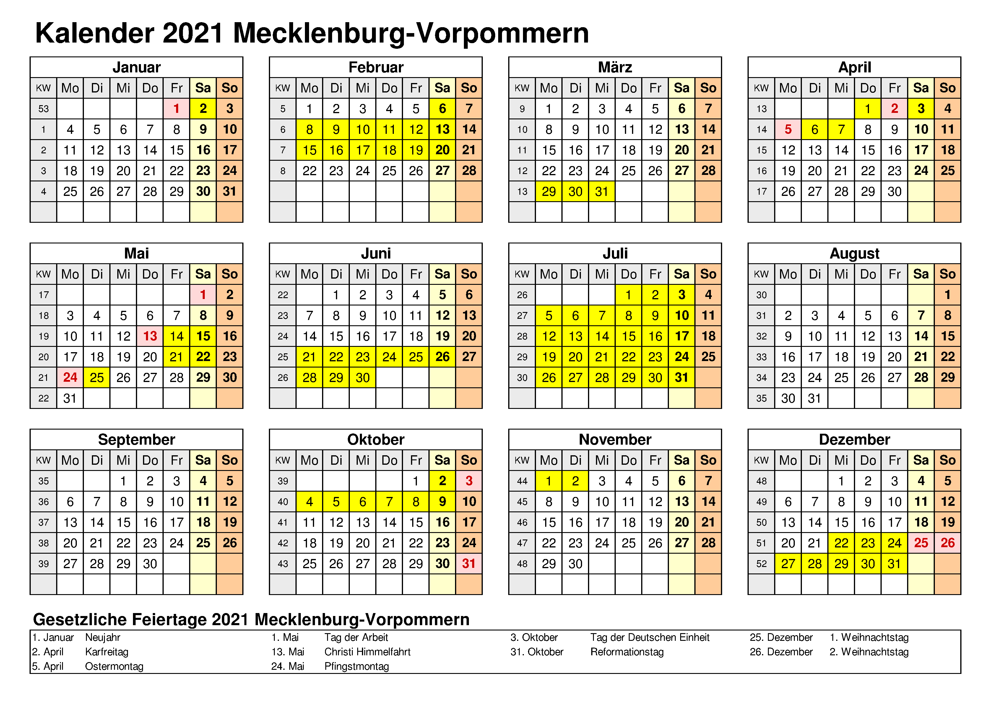 Kalender Mecklenburg-Vorpommern 2021 Zum Ausdrucken