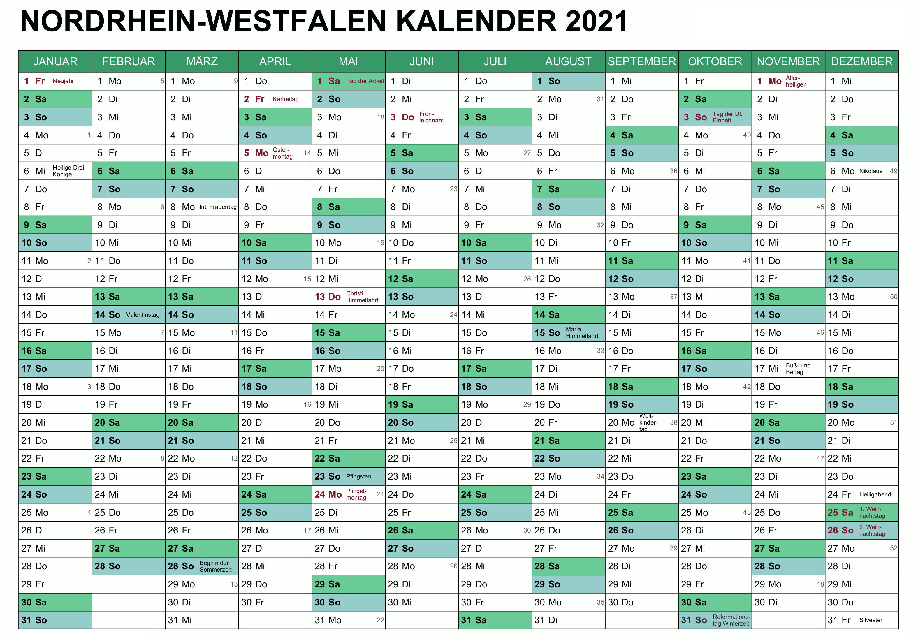 Sommerferien 2021 NRW Kalender PDF