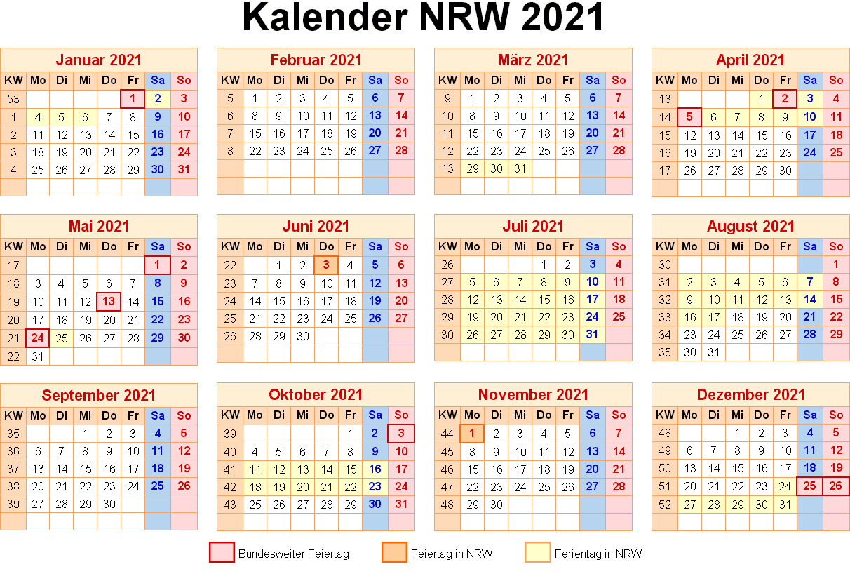 Sommerferien NRW 2021 Kalender Excel Word