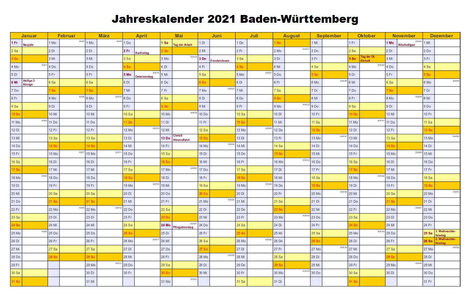 Jahreskalender 2021 Baden-Württemberg PDF