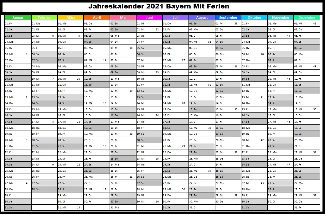 Jahreskalender 2021 Bayern Mit Feiertagen 
