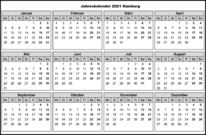 Jahreskalender 2021 Hamburg Mit Ferien und Feiertagen