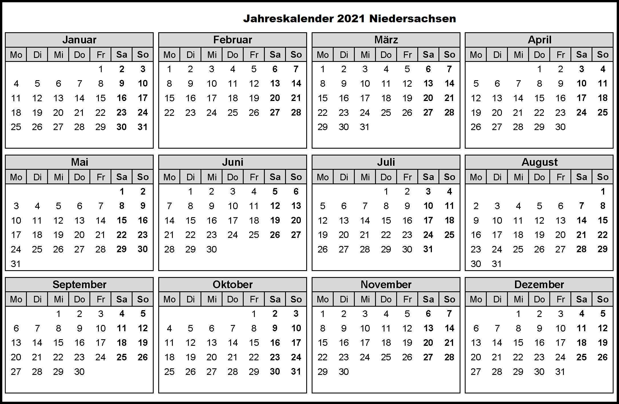Jahreskalender 2021 Niedersachsen Mit Ferien und Feiertagen