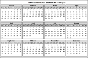 Jahreskalender 2021 Sachsen 