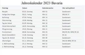 Jahreskalender 2023 Bavaria Mit Ferien und Feiertagen