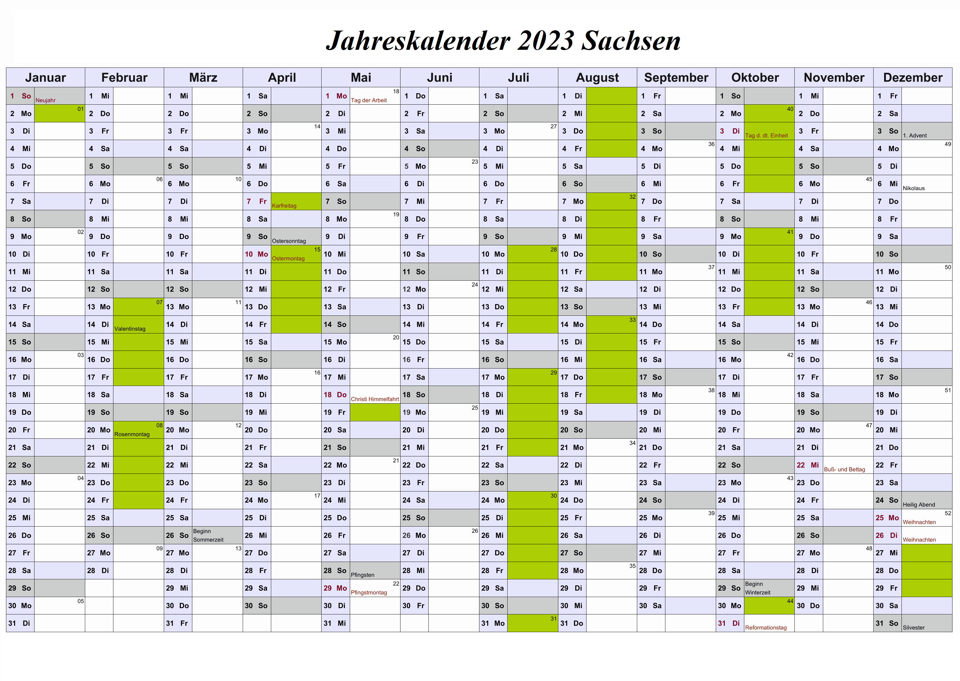 Jahreskalender 2023 Sachsen Zum Ausdrucken