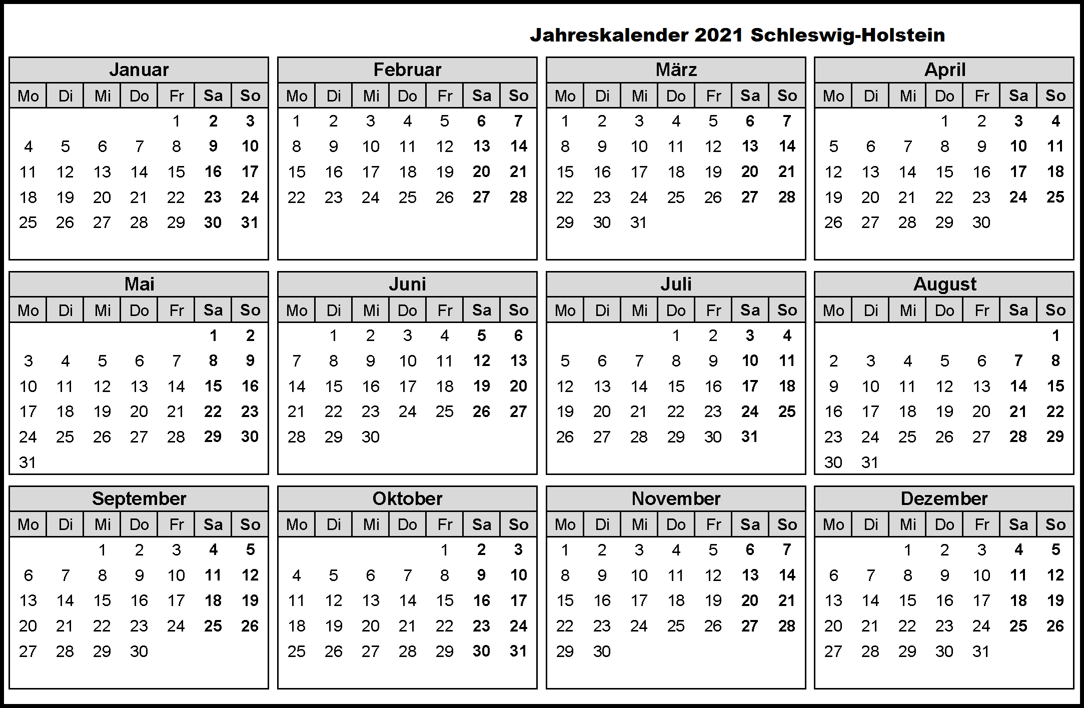 Jahreskalender 2021 Schleswig-Holstein PDF | The Beste ...