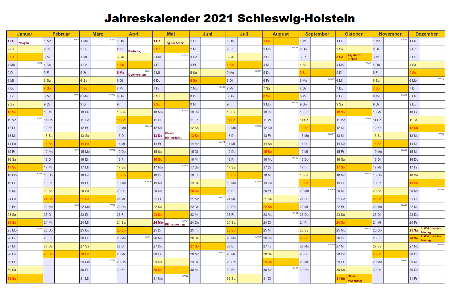 Jahreskalender 2021 Schleswig-Holstein PDF