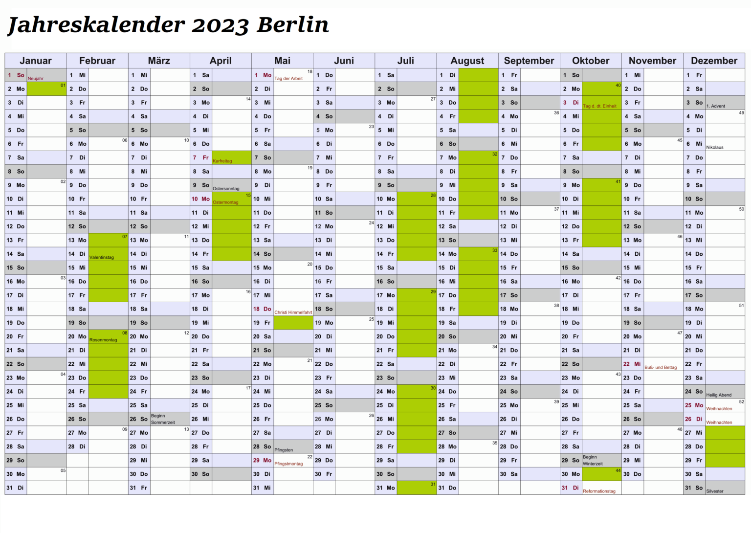 Kalender 2023 Mit Feiertagen Berlin