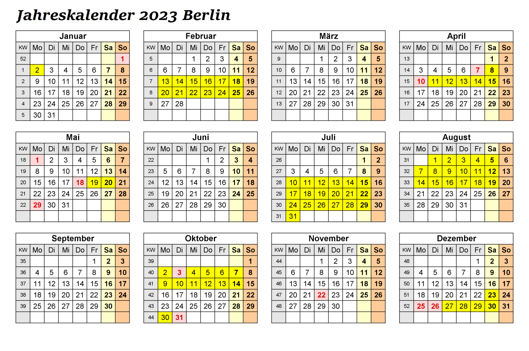 Kostenlos Jahreskalender 2023 Berlin Zum Ausdrucken | The Beste Kalender