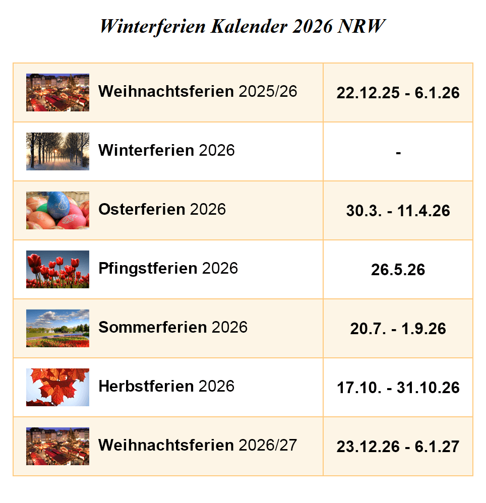Kalender Winterferien Und Feiertage 2026 NRW