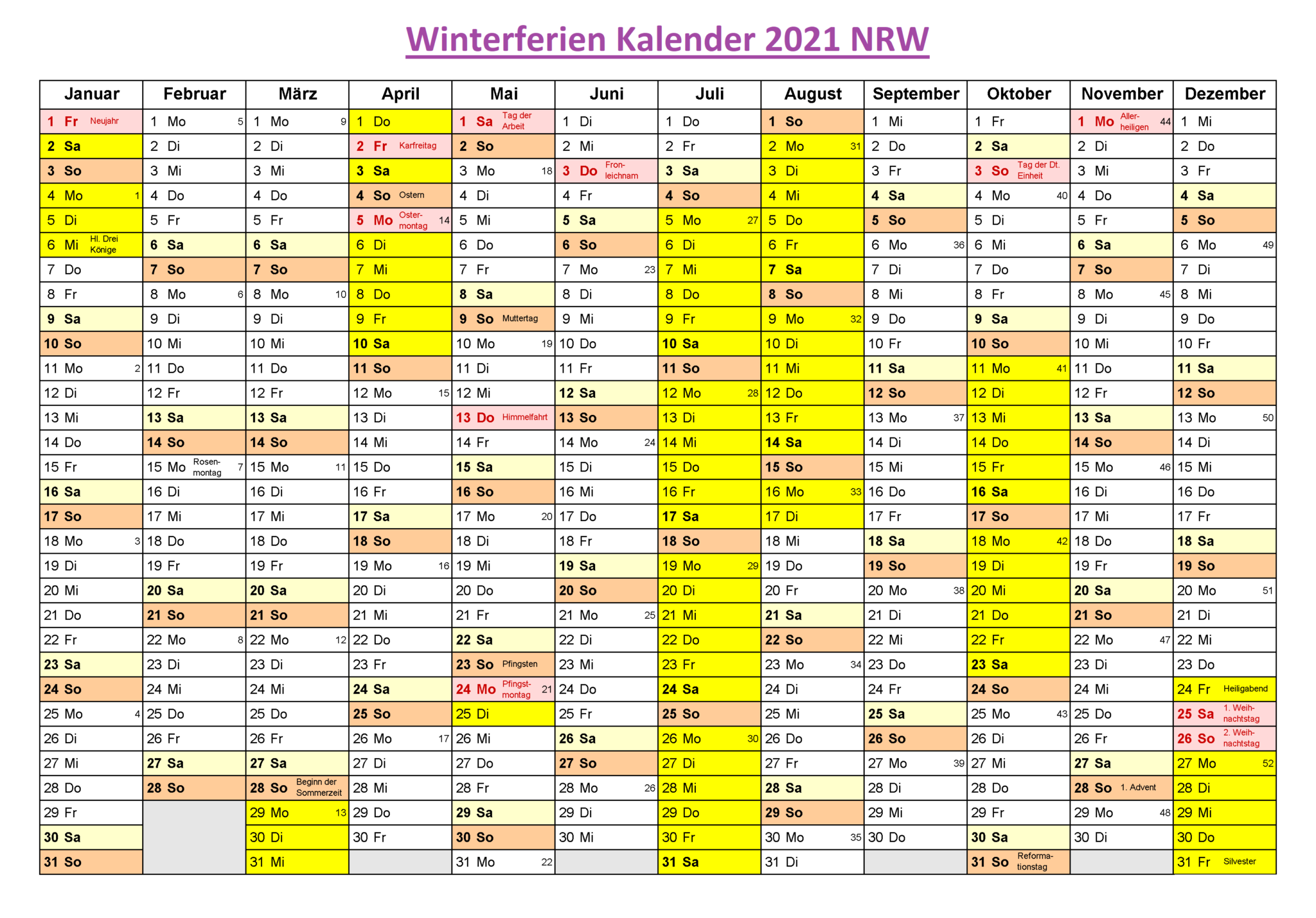 Druckbare Leer Winterferien 2021 NRW Kalender Zum Ausdrucken In PDF