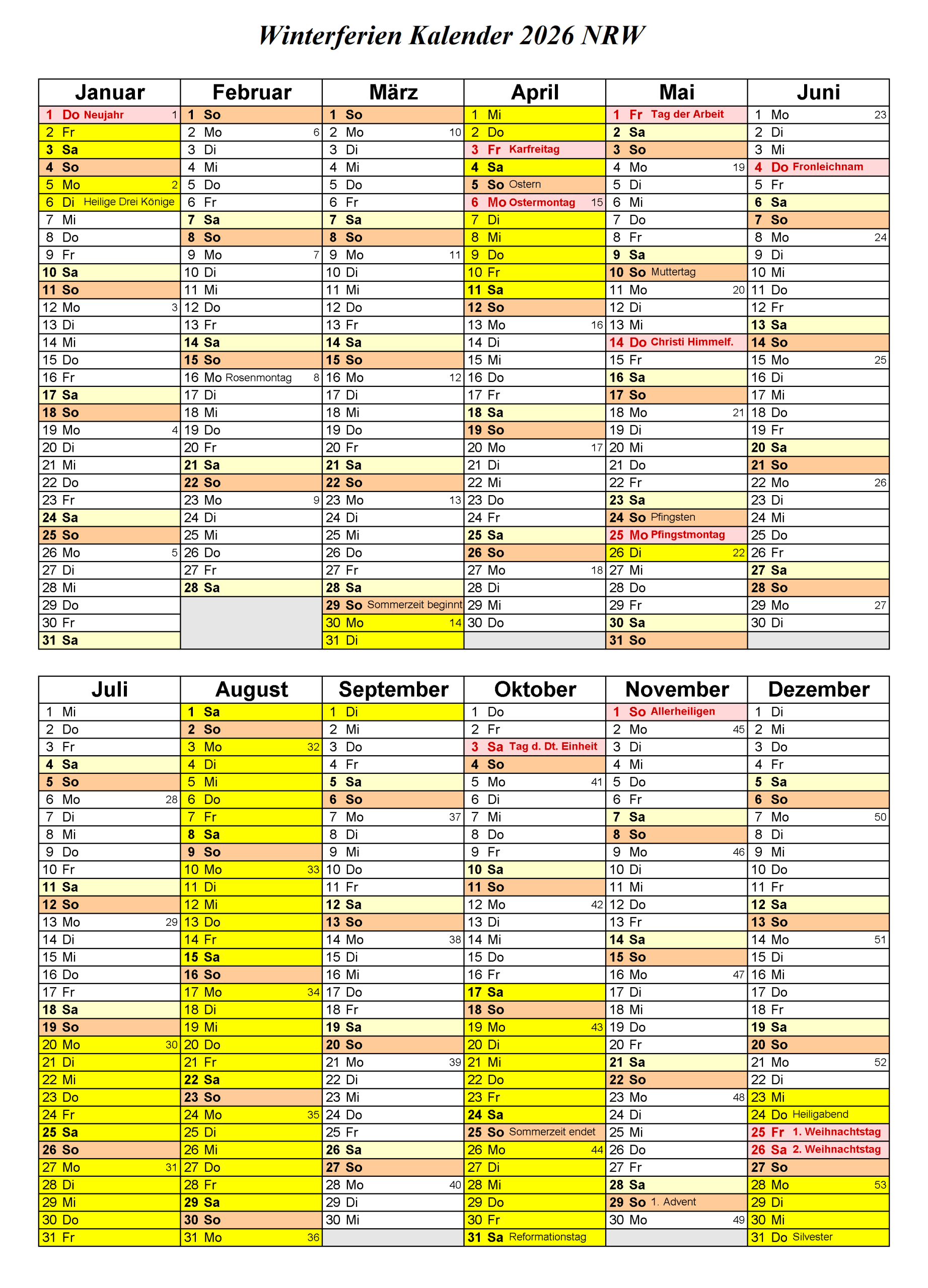 Winterferien Kalender 2026 NRW PDF
