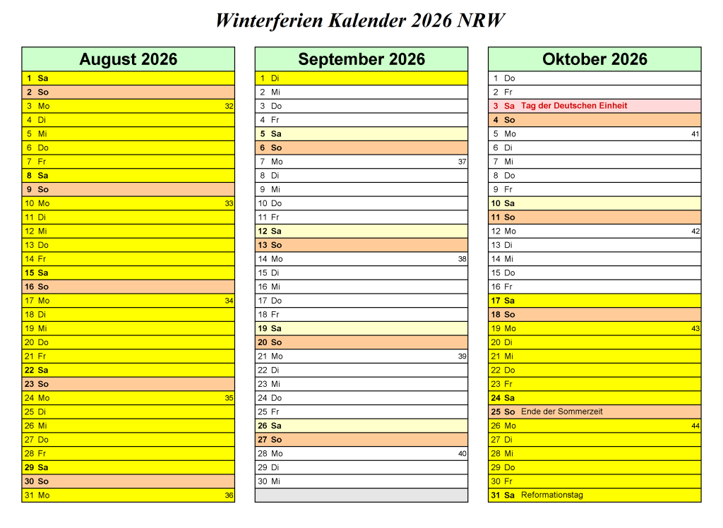 Druckbare Leer Winterferien 2026 NRW Kalender Zum Ausdrucken