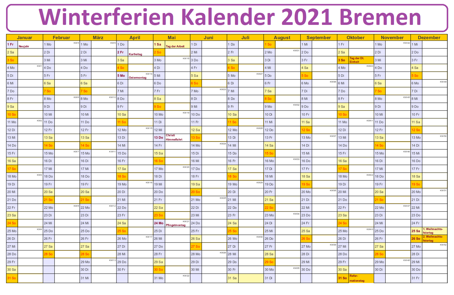 Winterferien Kalender 2021 Bremen PDF