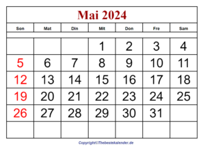 Mai 2024 Feiertags Kalender