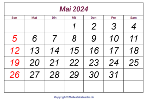 Mai 2024 Kalender Vorlage