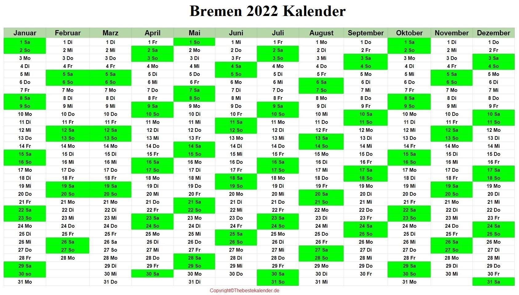 Sommerferien 2022 Bremen Kalender PDF