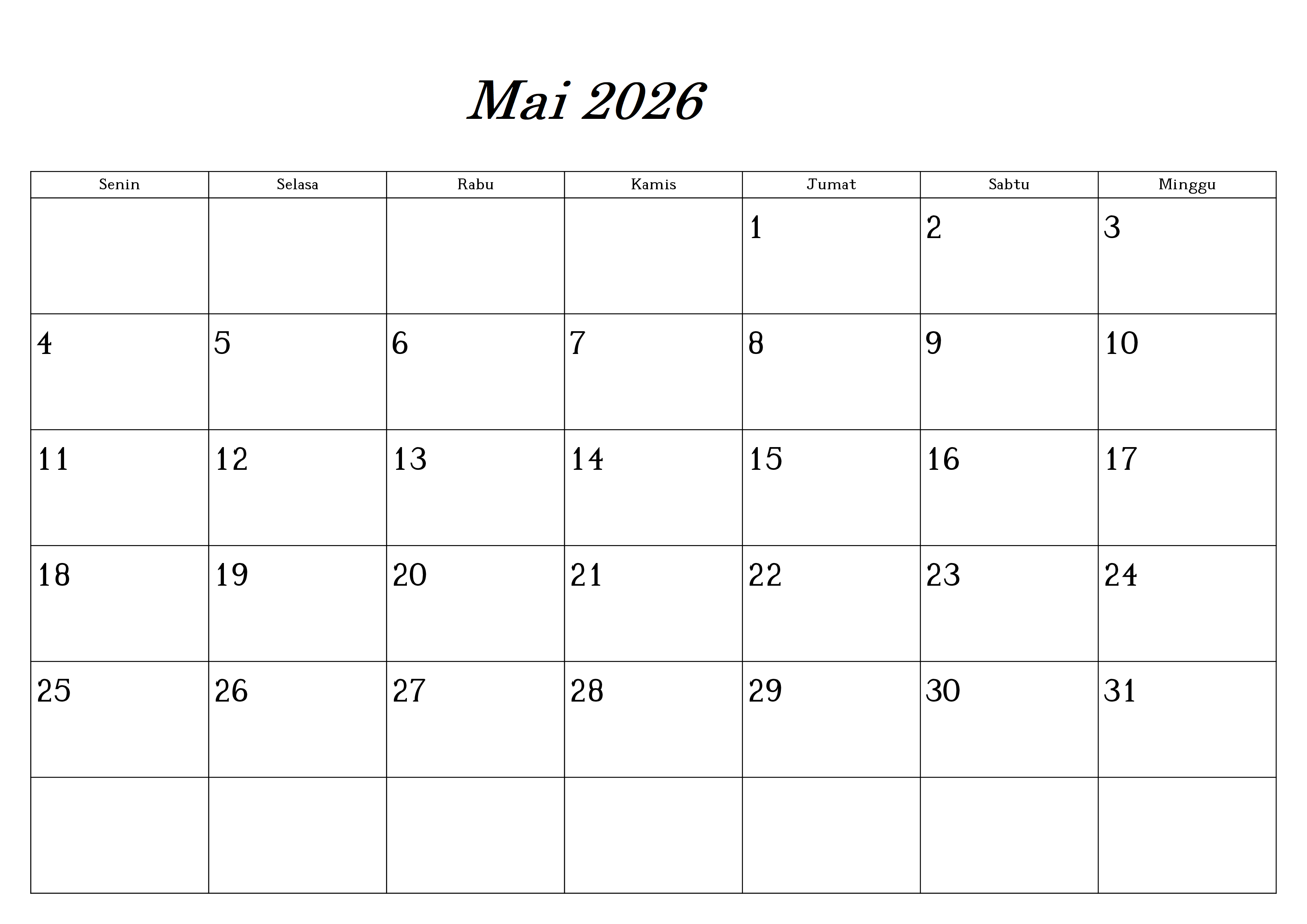 Druckbarer Mai 2026 Kalender