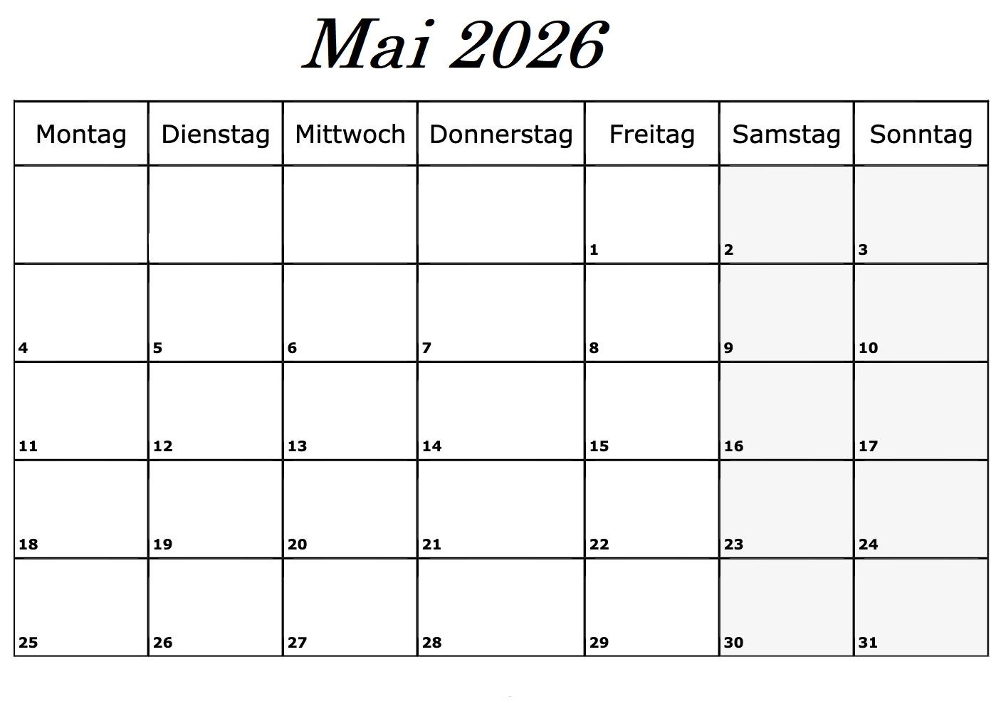 Kalender 2026 Mai Feiertags