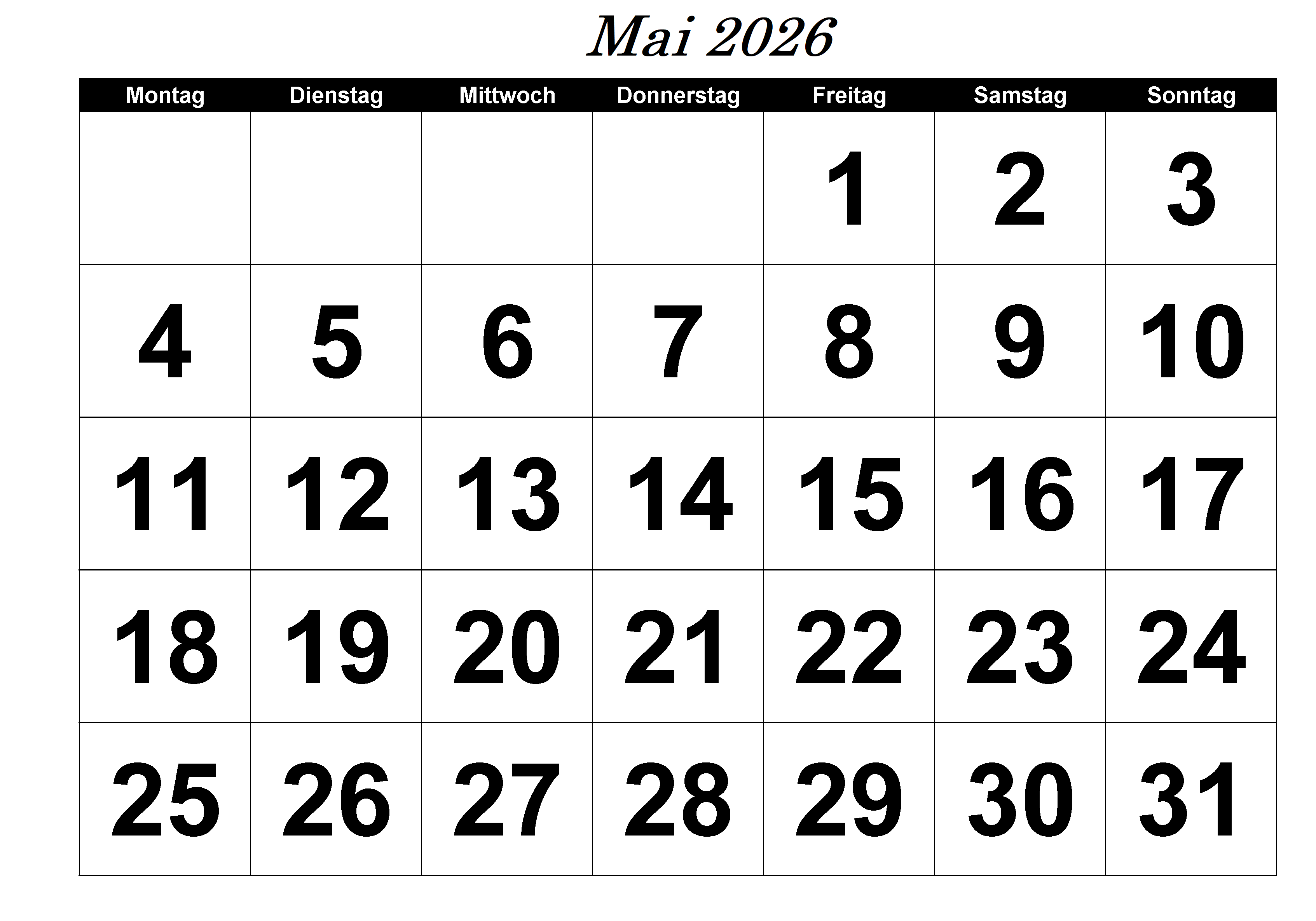 Kalender 2026 Mai Zum Ausdrucken