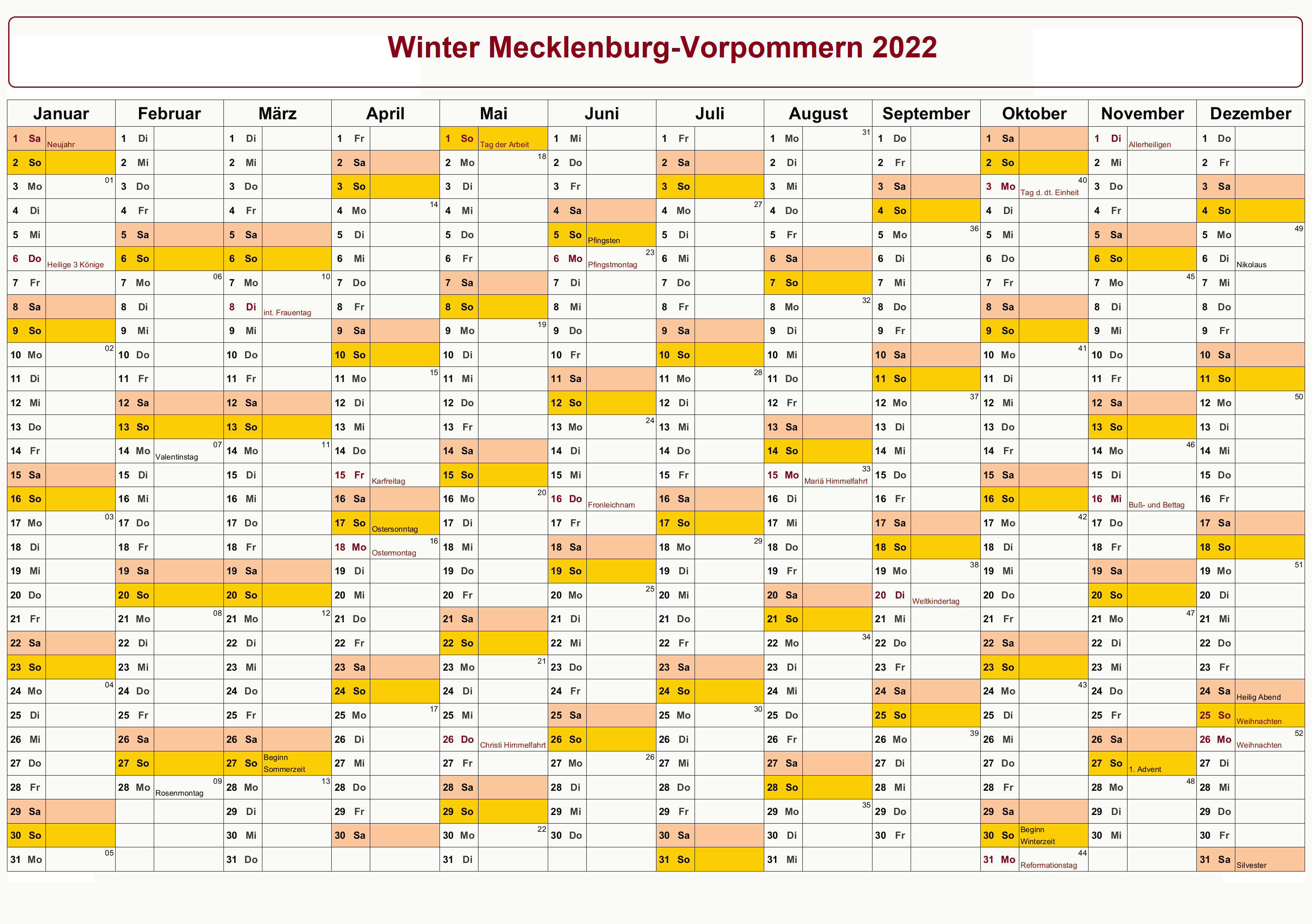 Kalender Winterferien Und Feiertage 2022 Mecklenburg-Vorpommern