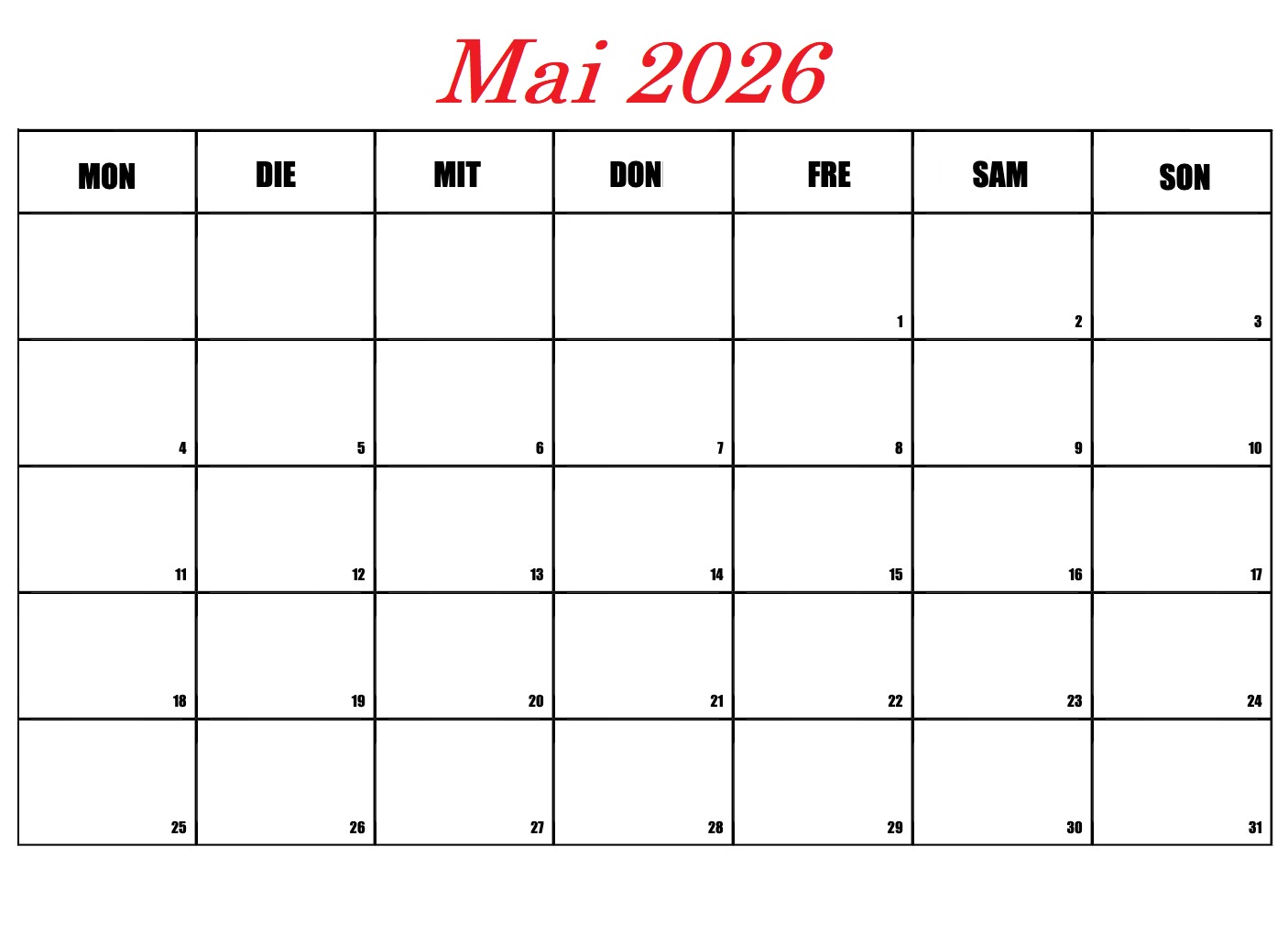 Mai Kalender 2026