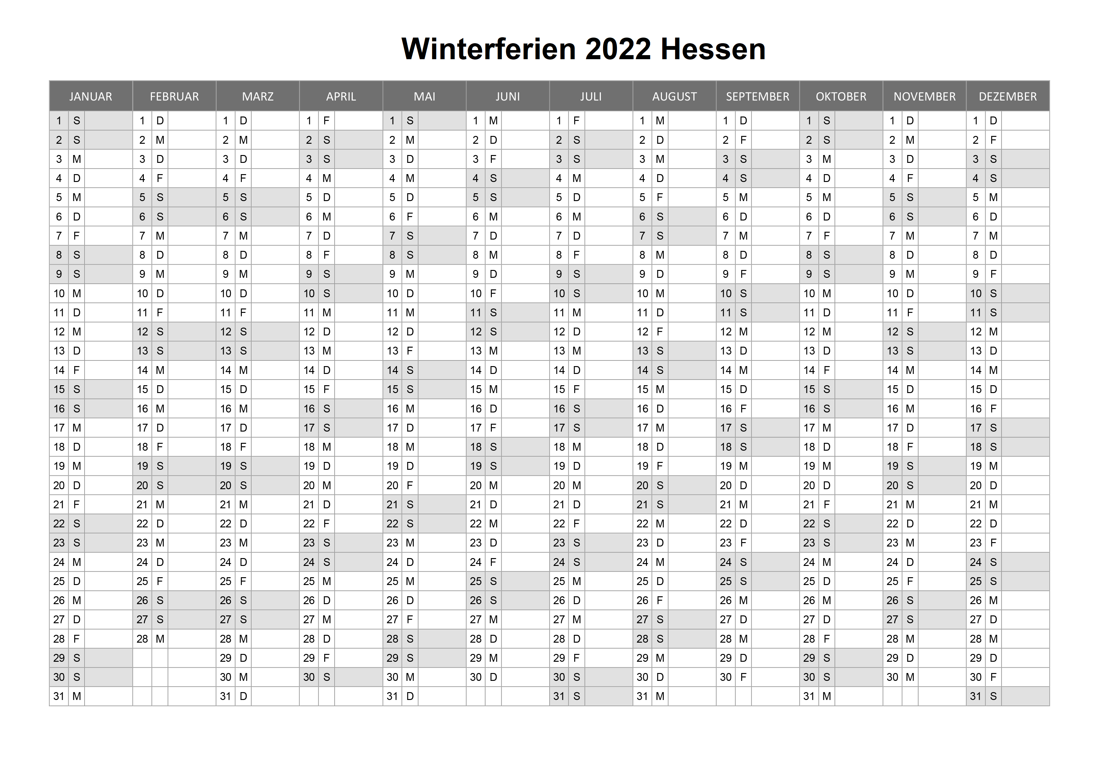 Winterferien 2022 Hessen Kalender