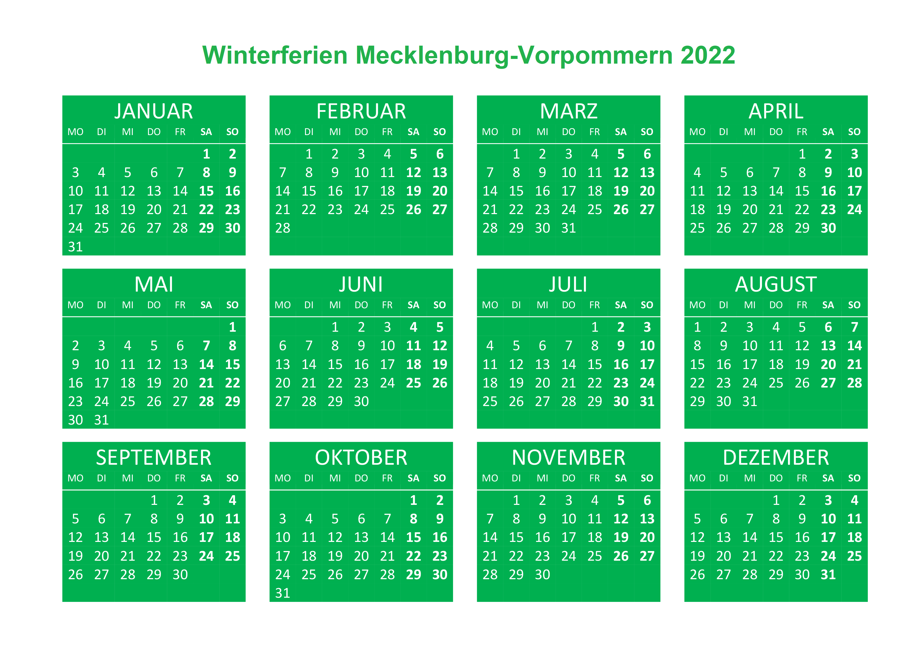 Winterferien Kalender 2022 Mecklenburg-Vorpommern Drucken 