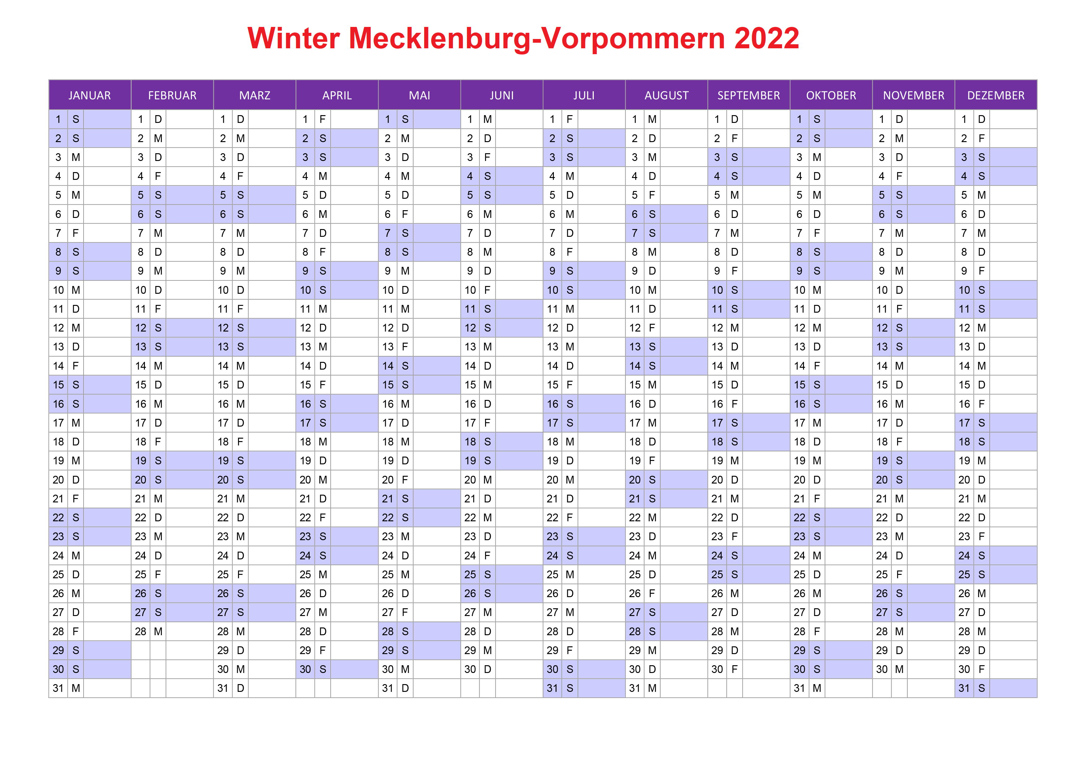 Winterferien Kalender 2022 Mecklenburg-Vorpommern Pdf 