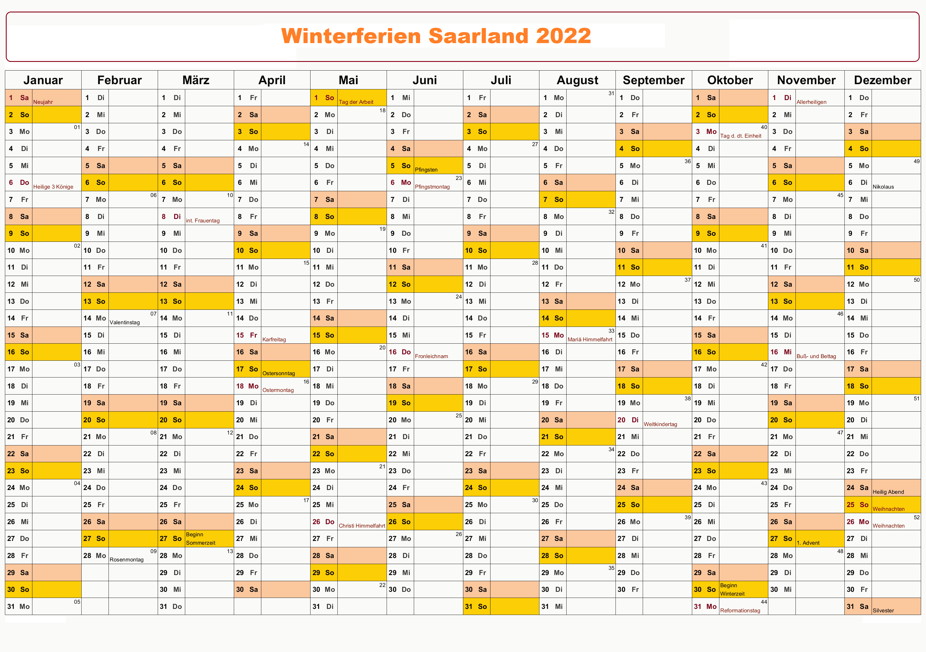 Winterferien Saarland 2022 Kalender