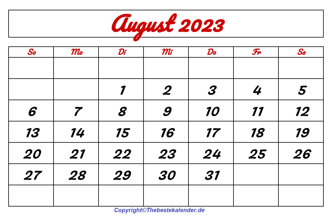 August 2023 Kalender Feiertags