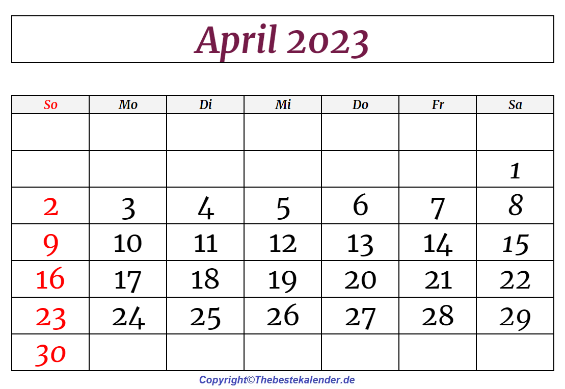 Kalender April 2023 Drucken