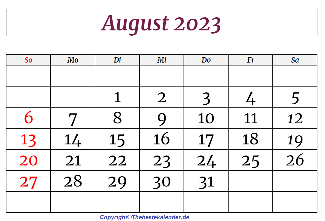Kalender August 2023 Drucken