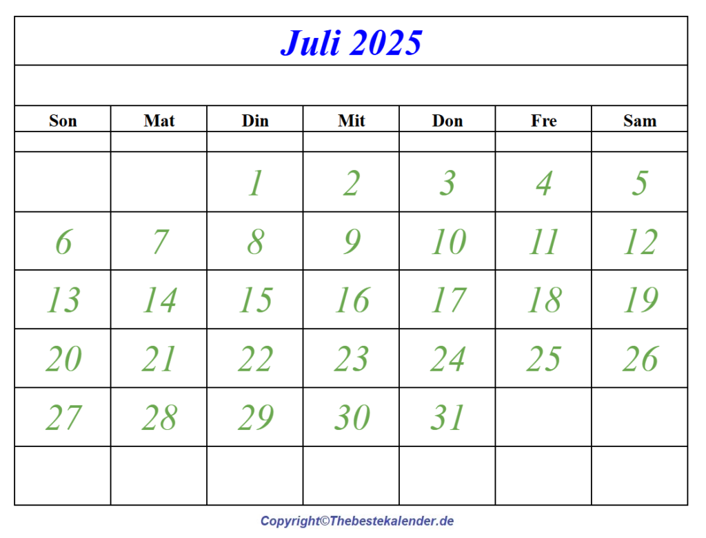 Druckbare Juli 2025 Kalender Vorlage Zum Ausdrucken