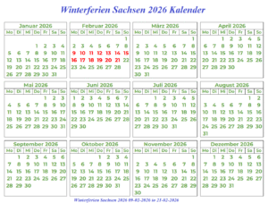 Winterferien Und Feiertage 2026 Sachsen Kalender