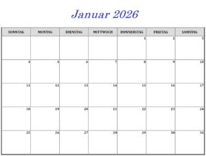 Kalender Januar 2026 Ausdrucken