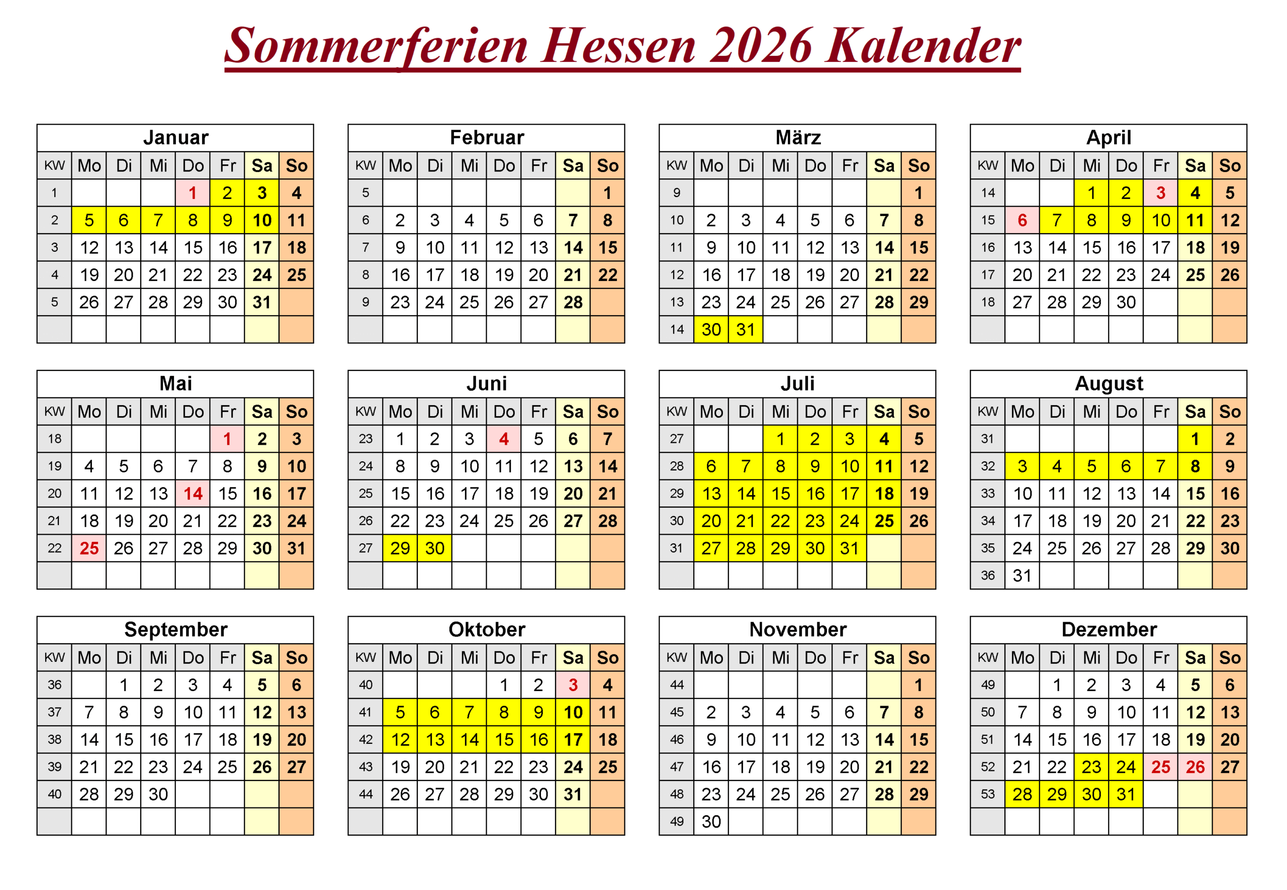Hessen 2026 Kalender Zum Ausdrucken