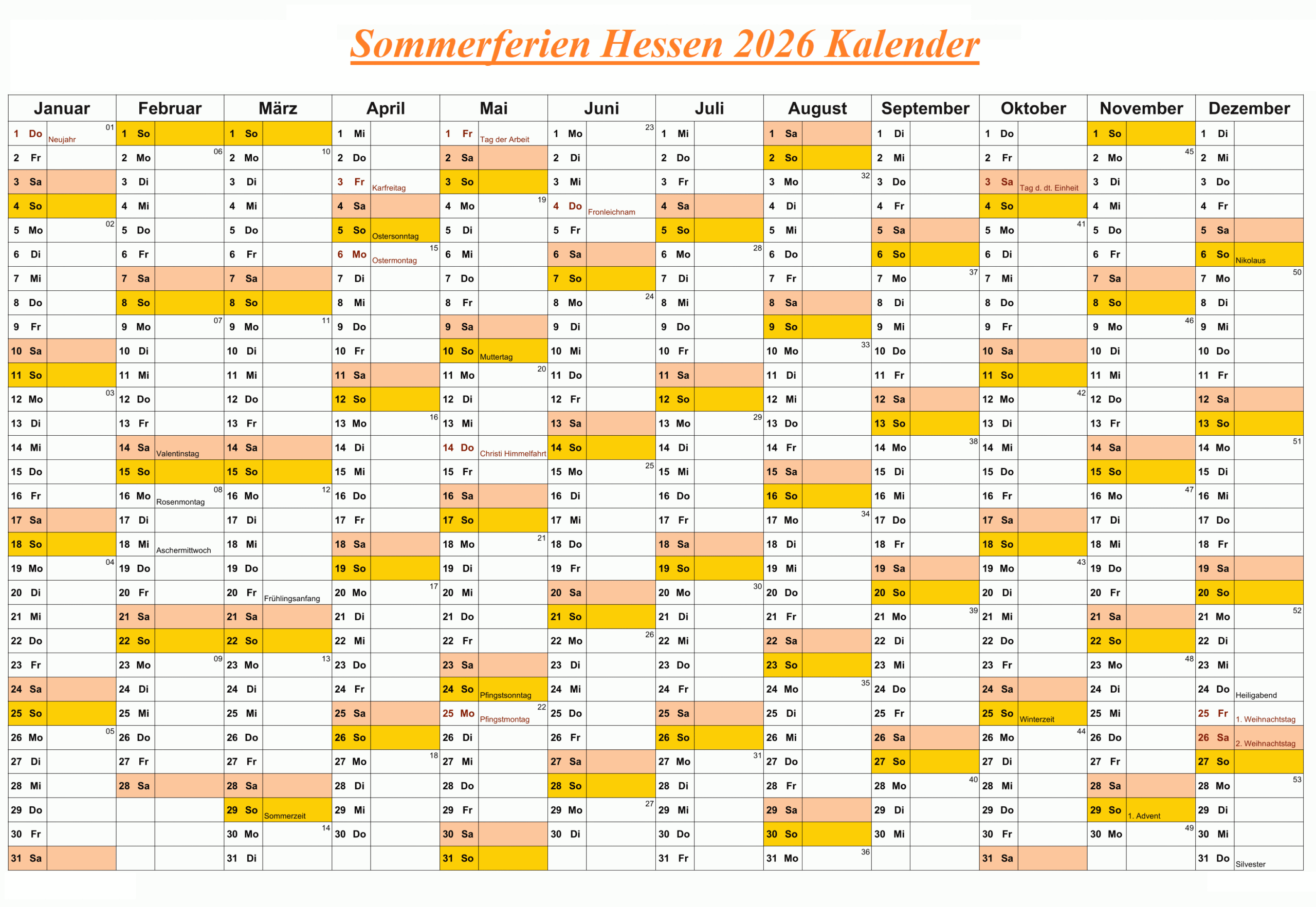Sommerferien 2026 Hessen Kalender