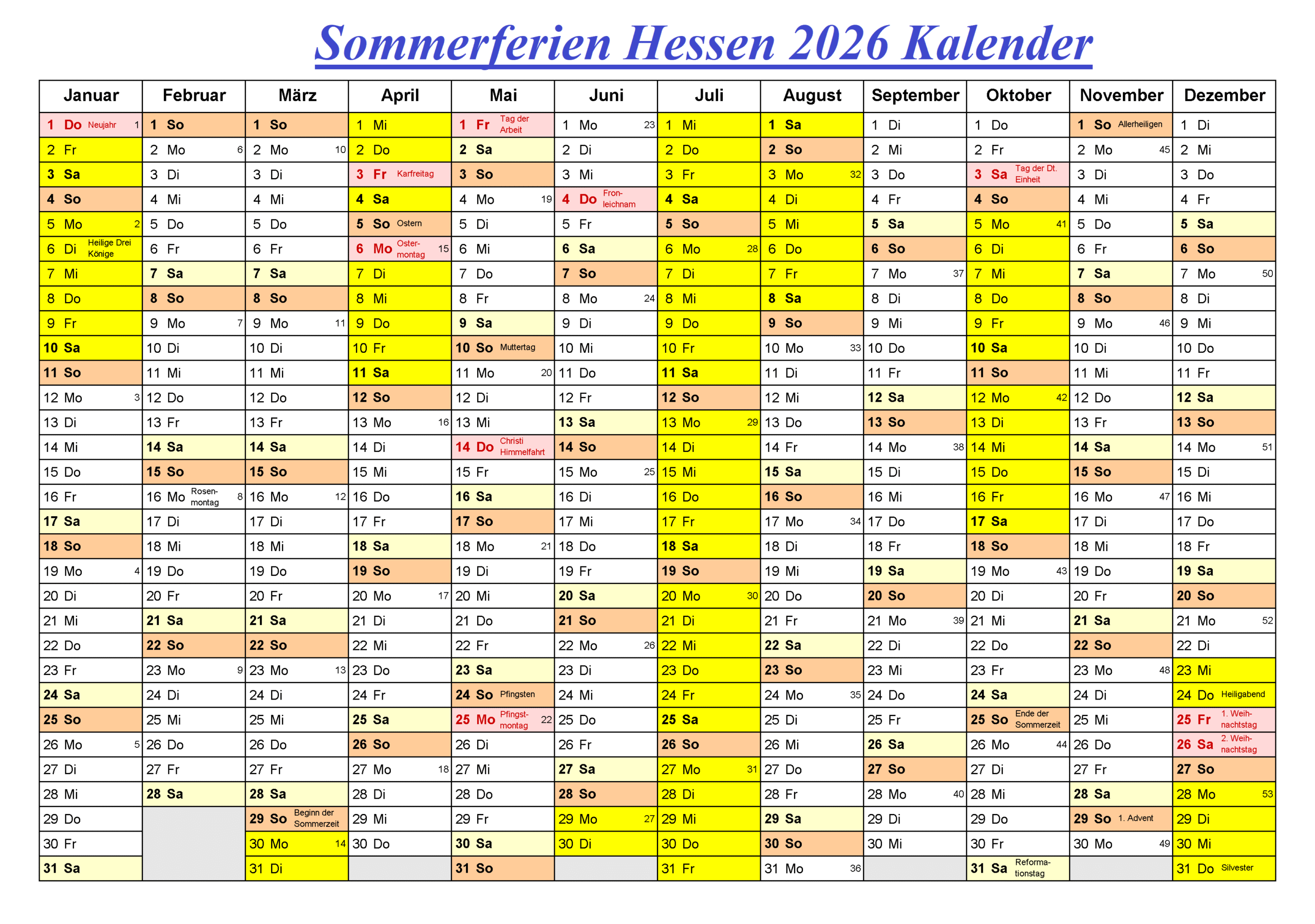 Sommerferien Hessen 2026 Kalender