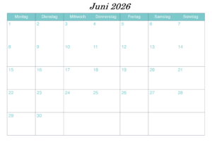 Juni Kalender 2026 Feiertags